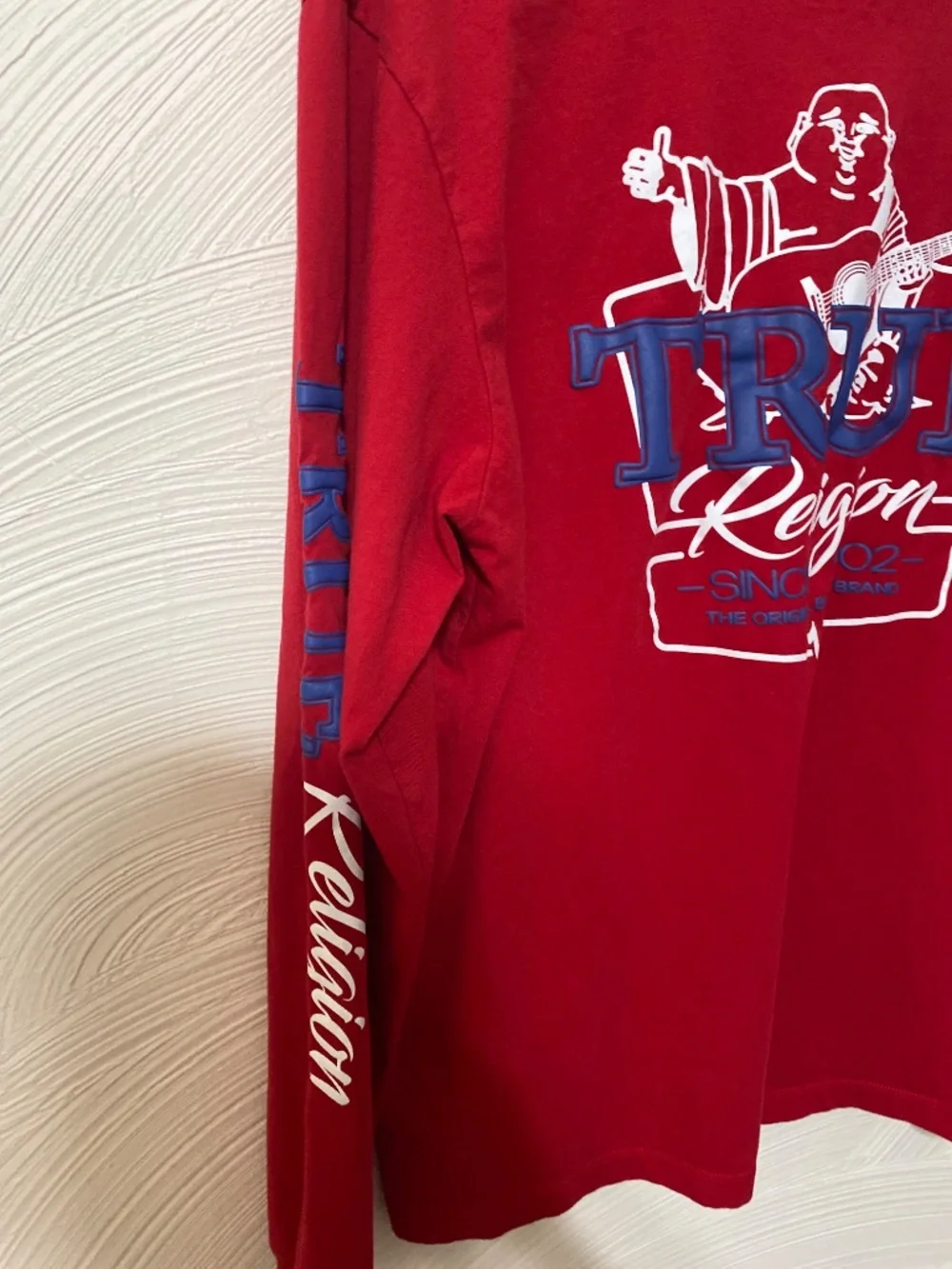 True religion Mens large Cotton long sleeve tee shirt red blue & white